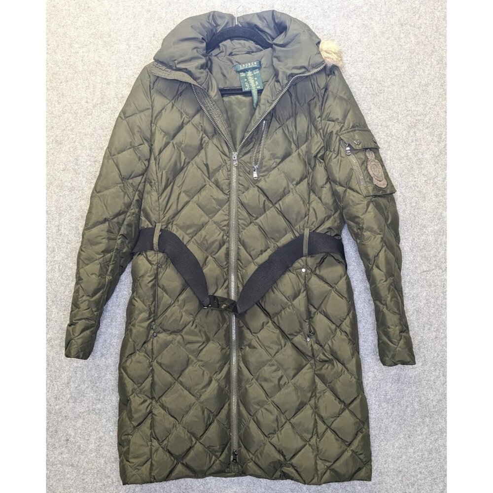 Lauren Ralph Lauren Women’s M Olive Down Puffer Parka Belted Fur Hood Coat